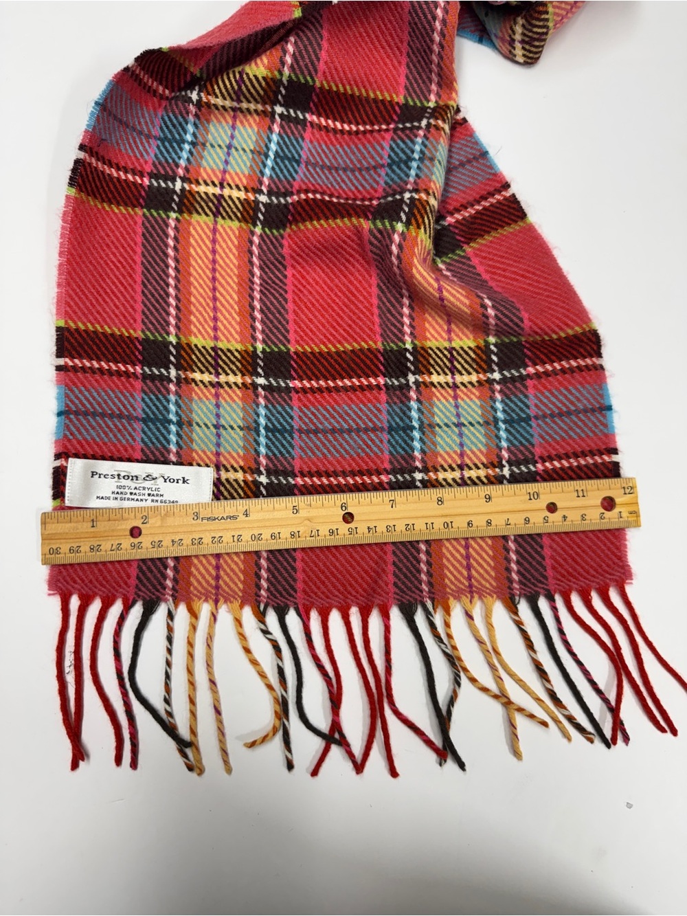 Preston & York Pink Plaid Fringe Scarf with Blue, Yellow and Black Accents - Picture 5 of 6